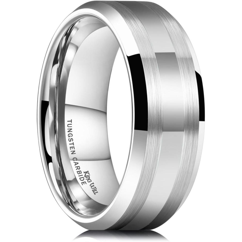 imageKing Will Classic 8mm Tungsten Carbide Ring BlackSilverGold Brushed Two Grooved Center Hammered Design Mens Wedding Band for MenFSilver