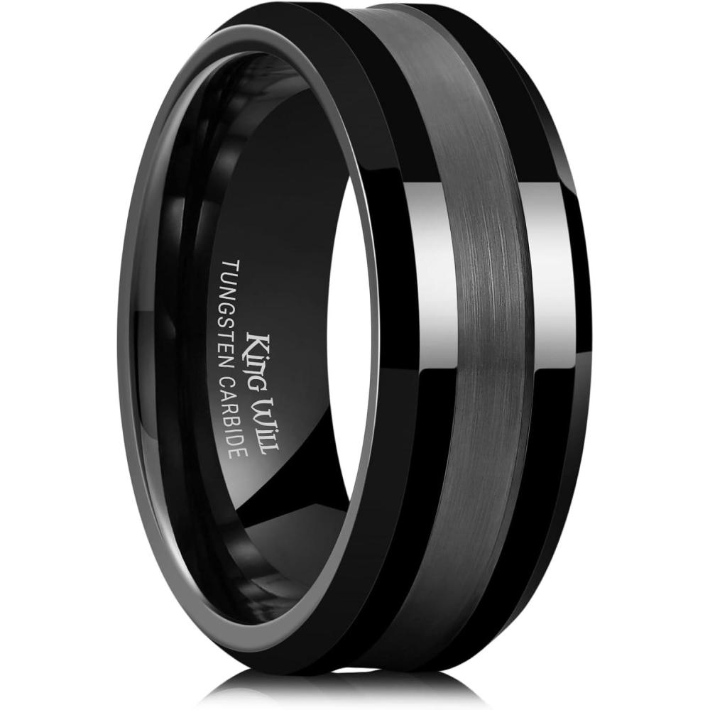 imageKing Will Classic 8mm Tungsten Carbide Ring BlackSilverGold Brushed Two Grooved Center Hammered Design Mens Wedding Band for MenGBlack Groove
