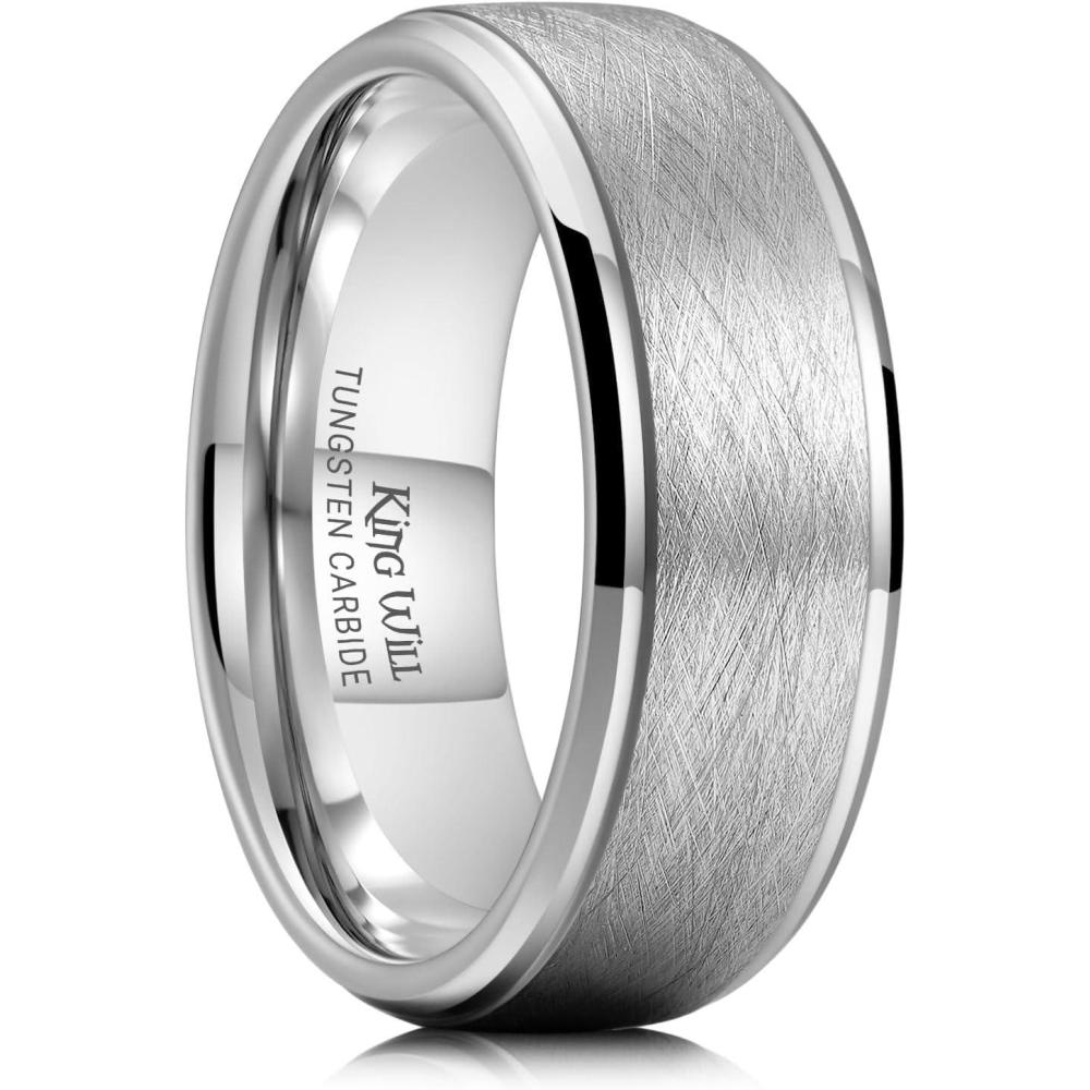 imageKing Will Classic 8mm Tungsten Carbide Ring BlackSilverGold Brushed Two Grooved Center Hammered Design Mens Wedding Band for MenSilver