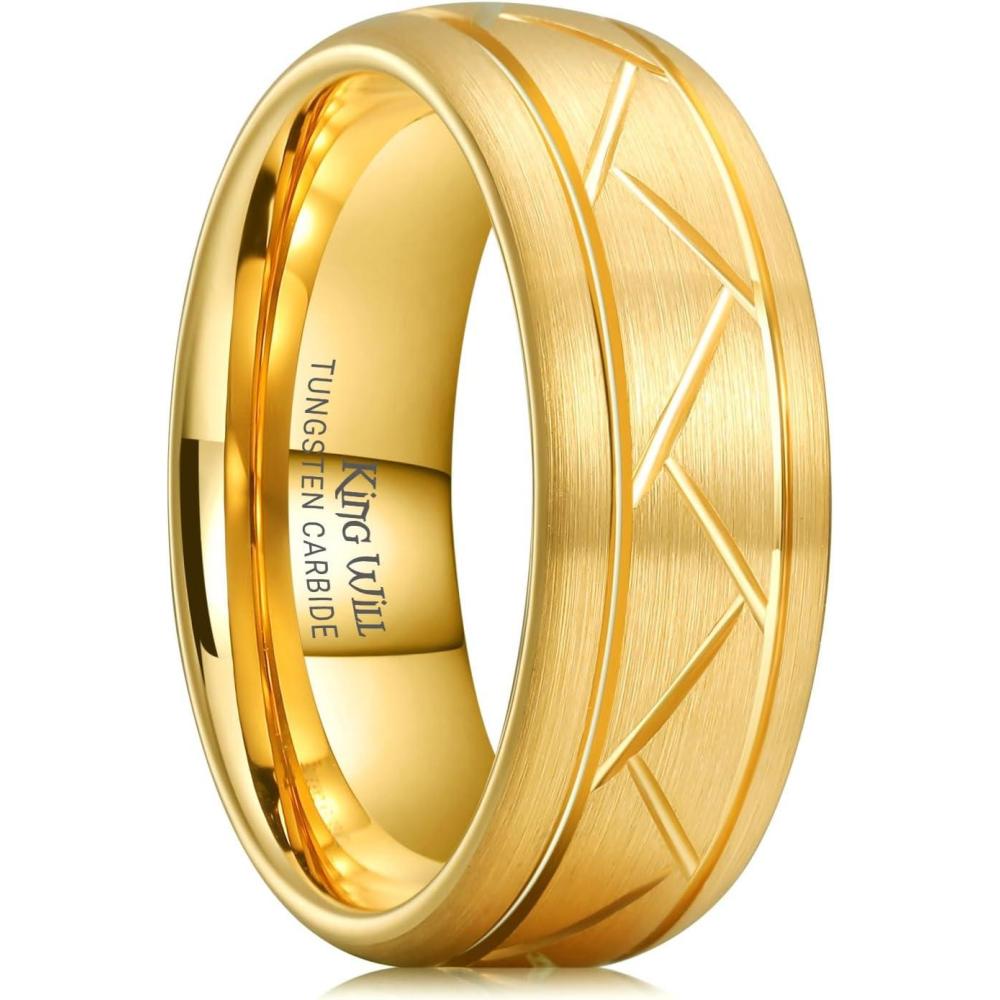 imageKing Will Classic 8mm Tungsten Carbide Ring BlackSilverGold Brushed Two Grooved Center Hammered Design Mens Wedding Band for Menbgold