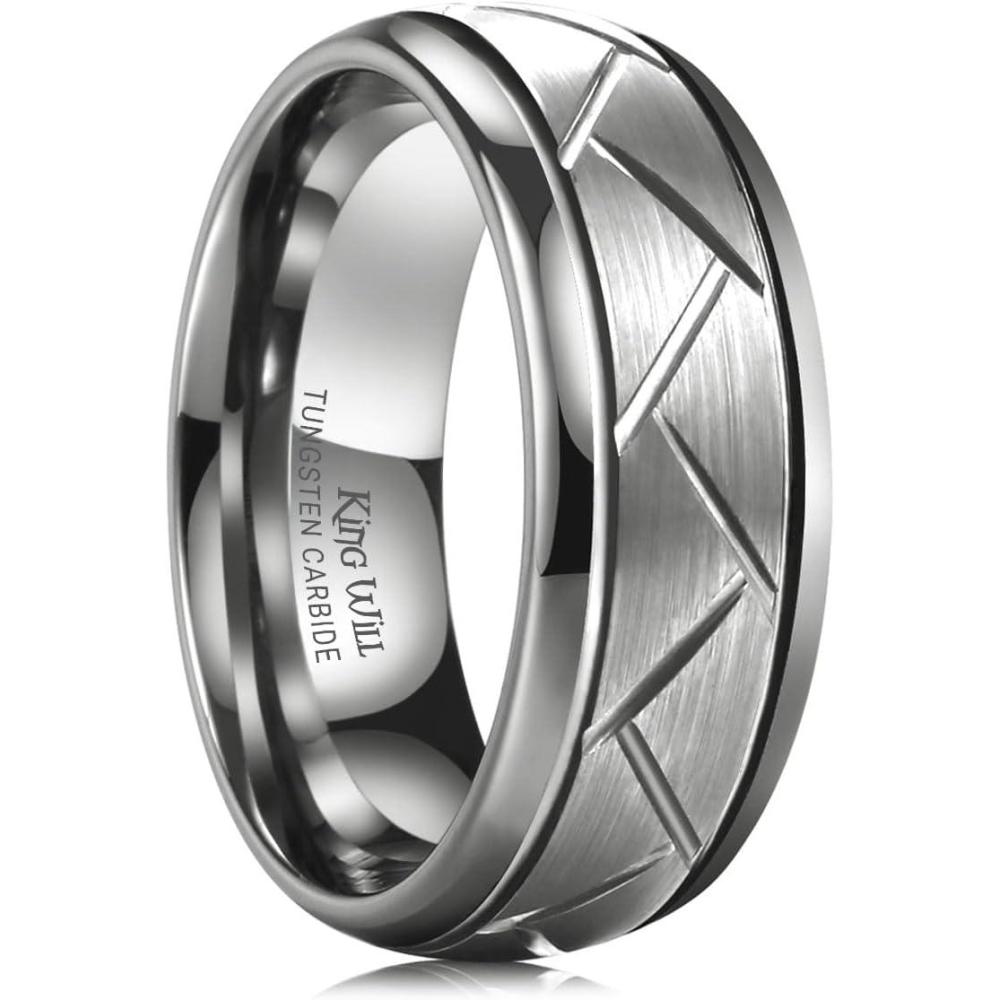 imageKing Will Classic 8mm Tungsten Carbide Ring BlackSilverGold Brushed Two Grooved Center Hammered Design Mens Wedding Band for Menbsilver