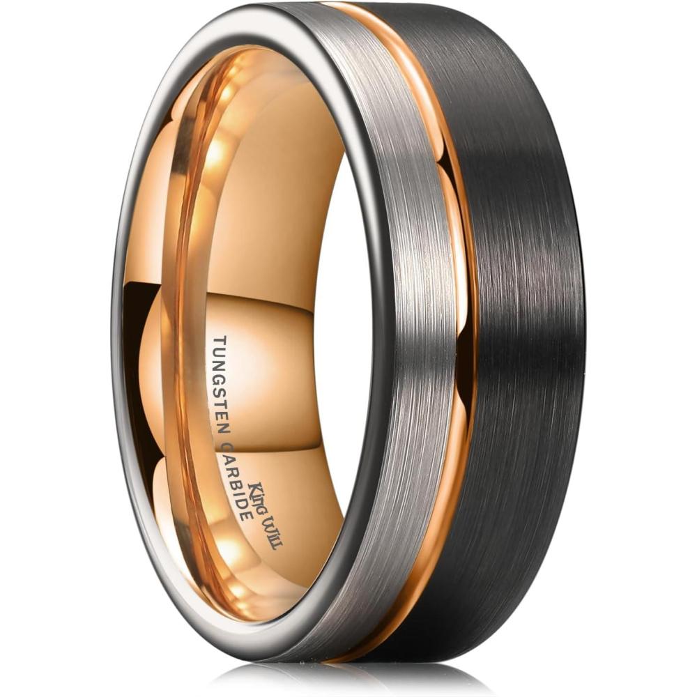 imageKing Will Mens Tungsten Carbide Wedding Band with Groove Design 678mm Width BrushedPolished Finish Mens Rings Comfort Fit8mm