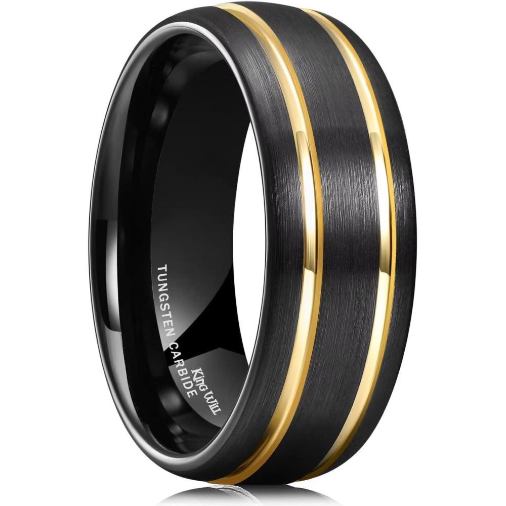imageKing Will Mens Tungsten Carbide Wedding Band with Groove Design 678mm Width BrushedPolished Finish Mens Rings Comfort FitBlack Domed8mm