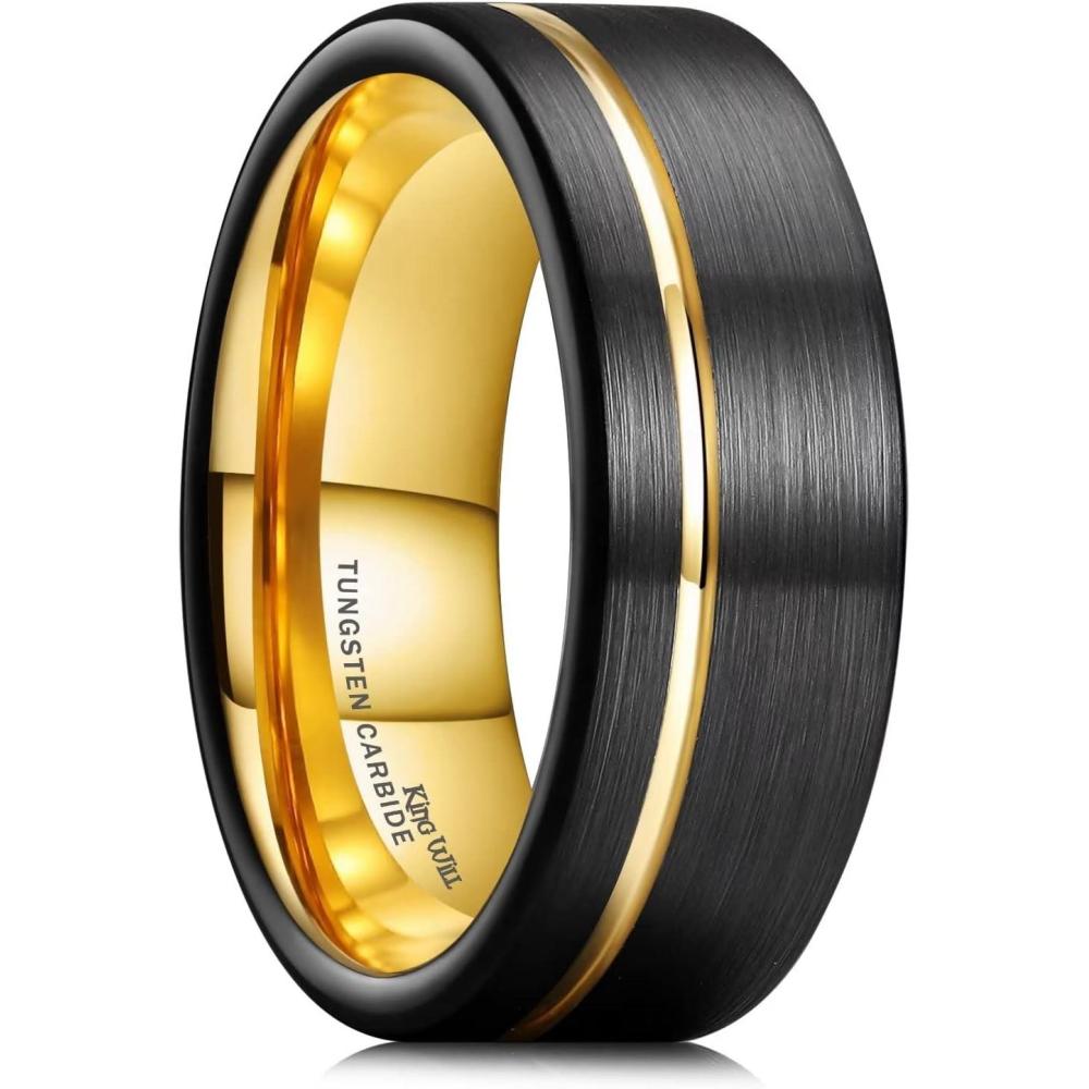 imageKing Will Mens Tungsten Carbide Wedding Band with Groove Design 678mm Width BrushedPolished Finish Mens Rings Comfort FitBlackGold8mm
