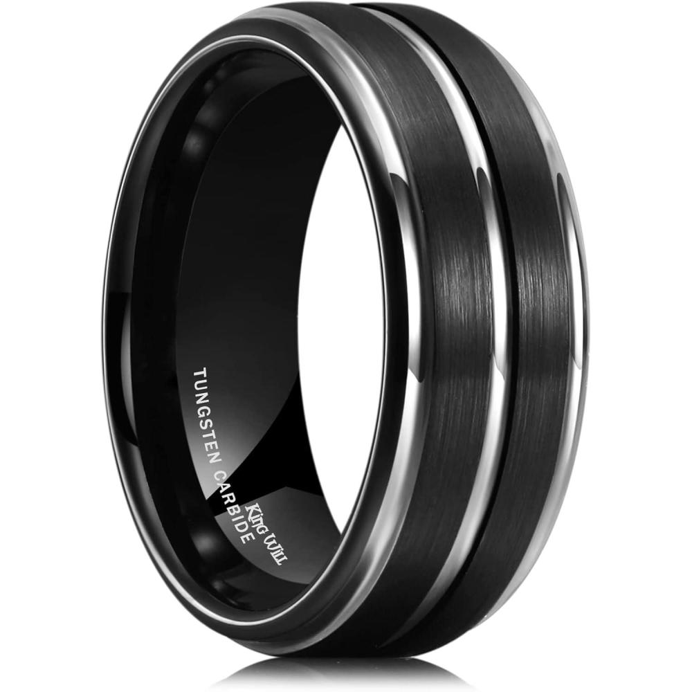 imageKing Will Mens Tungsten Carbide Wedding Band with Groove Design 678mm Width BrushedPolished Finish Mens Rings Comfort FitBlackSilver8mm