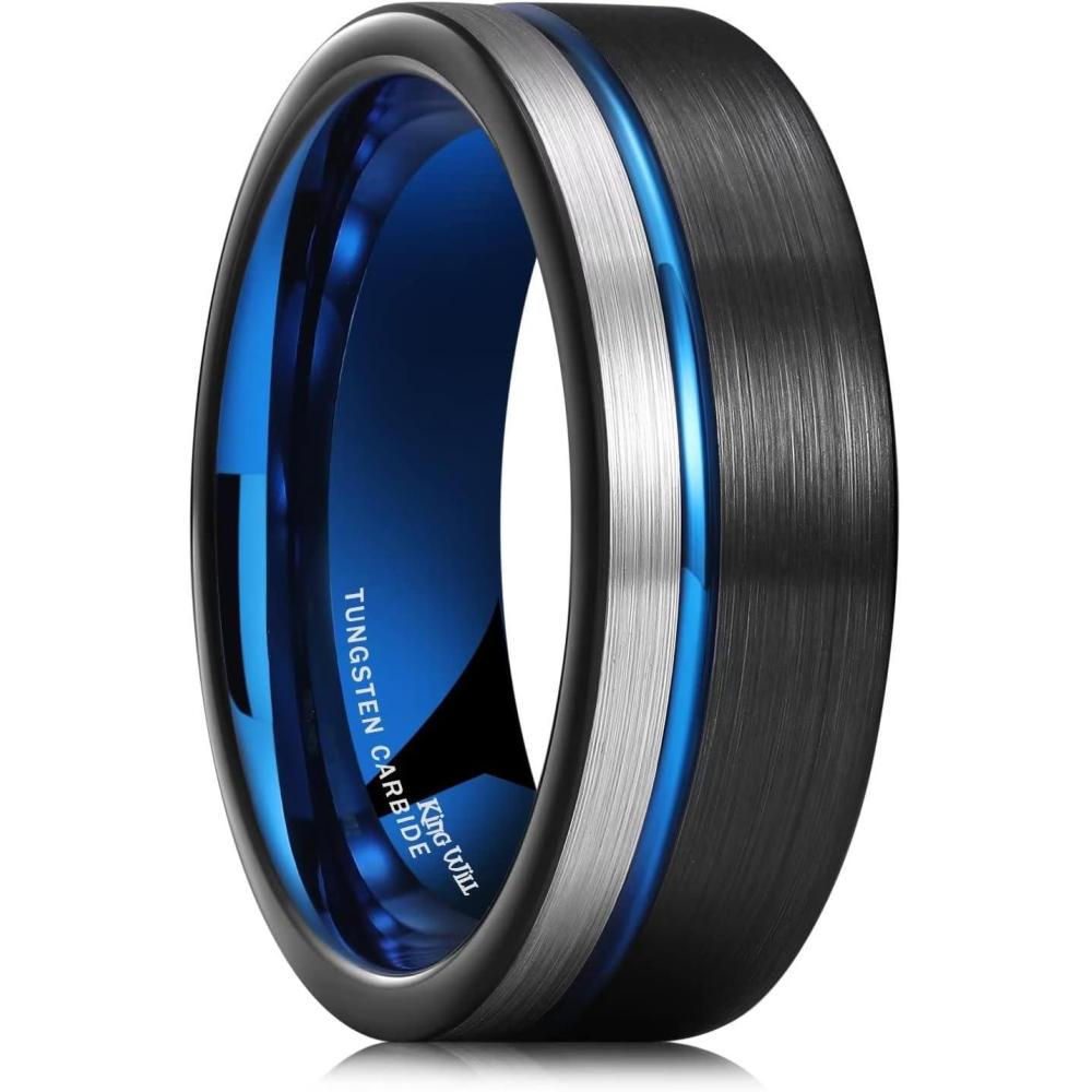 imageKing Will Mens Tungsten Carbide Wedding Band with Groove Design 678mm Width BrushedPolished Finish Mens Rings Comfort FitBlueBlack8mm