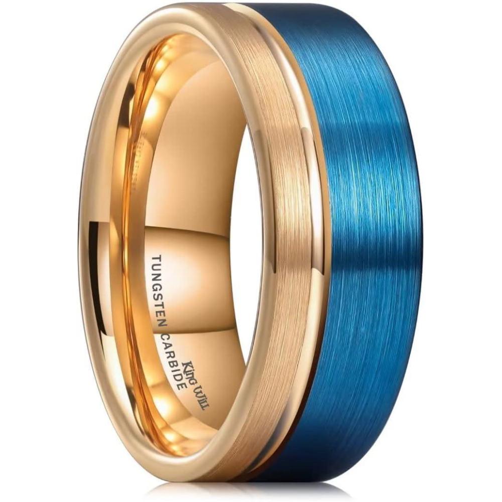 imageKing Will Mens Tungsten Carbide Wedding Band with Groove Design 678mm Width BrushedPolished Finish Mens Rings Comfort FitBlueRose Gold8mm
