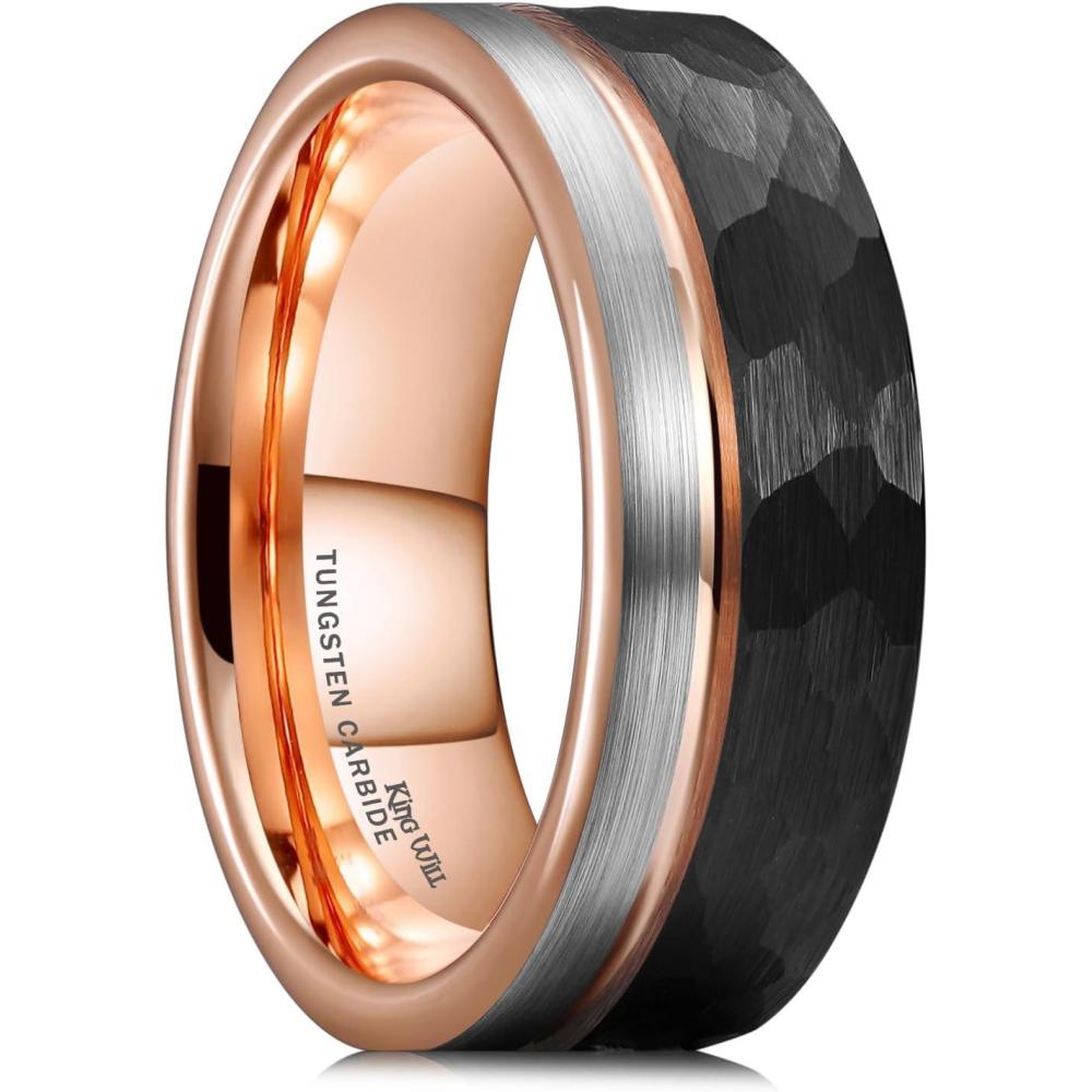 imageKing Will Mens Tungsten Carbide Wedding Band with Groove Design 678mm Width BrushedPolished Finish Mens Rings Comfort FitHammered Rose Gold8mm