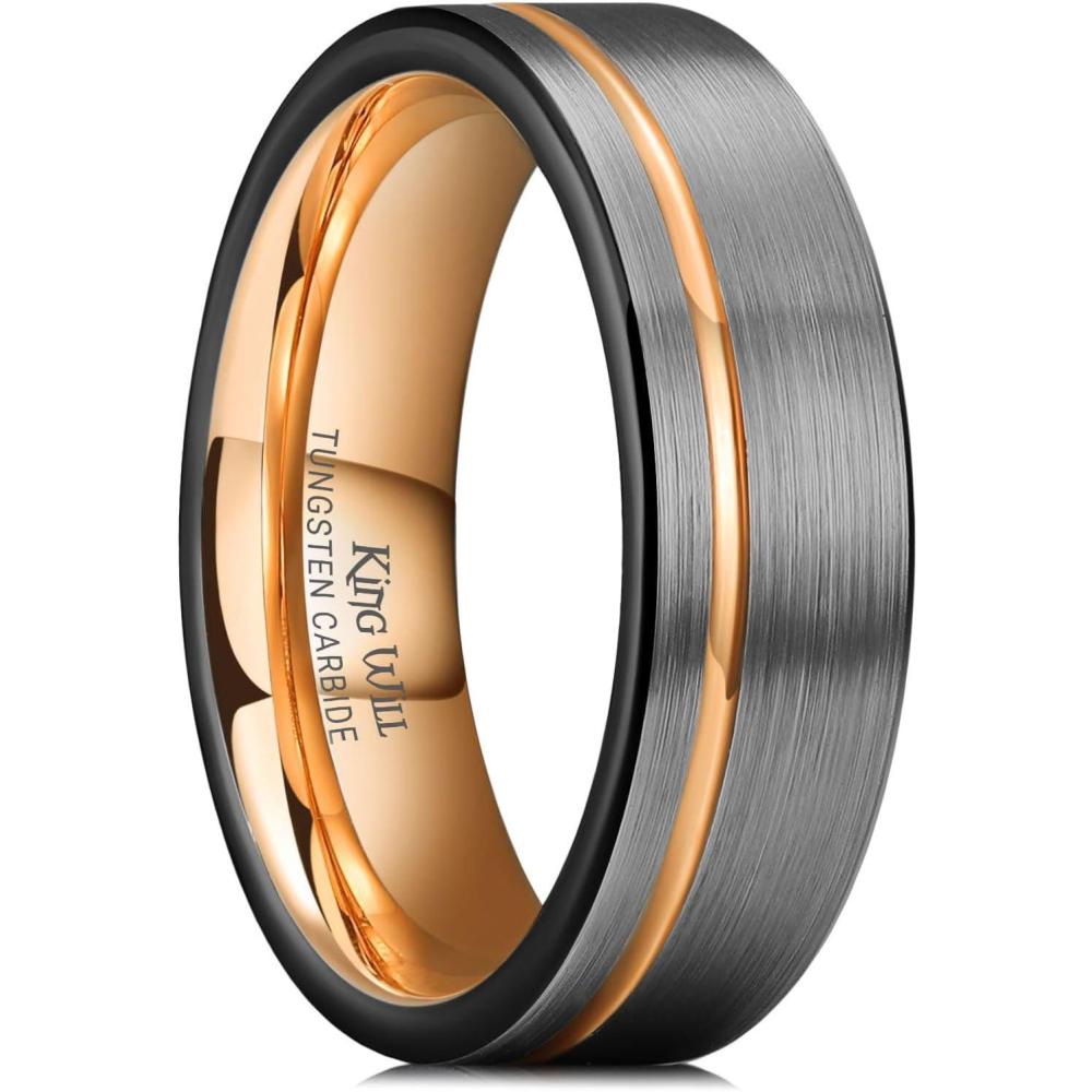 imageKing Will Mens Tungsten Carbide Wedding Band with Groove Design 678mm Width BrushedPolished Finish Mens Rings Comfort FitRose Gold7mm