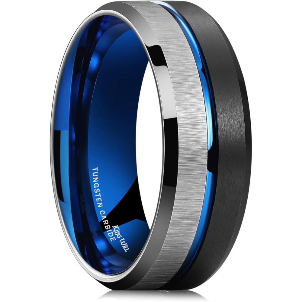 imageKing Will Mens Tungsten Carbide Wedding Band with Groove Design 678mm Width BrushedPolished Finish Mens Rings Comfort FitSilveBlackBlue8mm