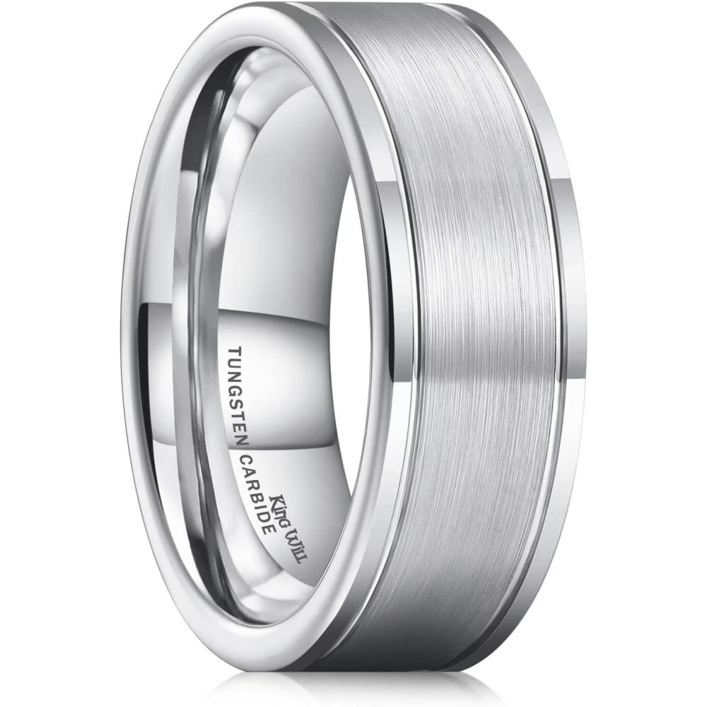 imageKing Will Mens Tungsten Carbide Wedding Band with Groove Design 678mm Width BrushedPolished Finish Mens Rings Comfort FitSilver Brushed8mm
