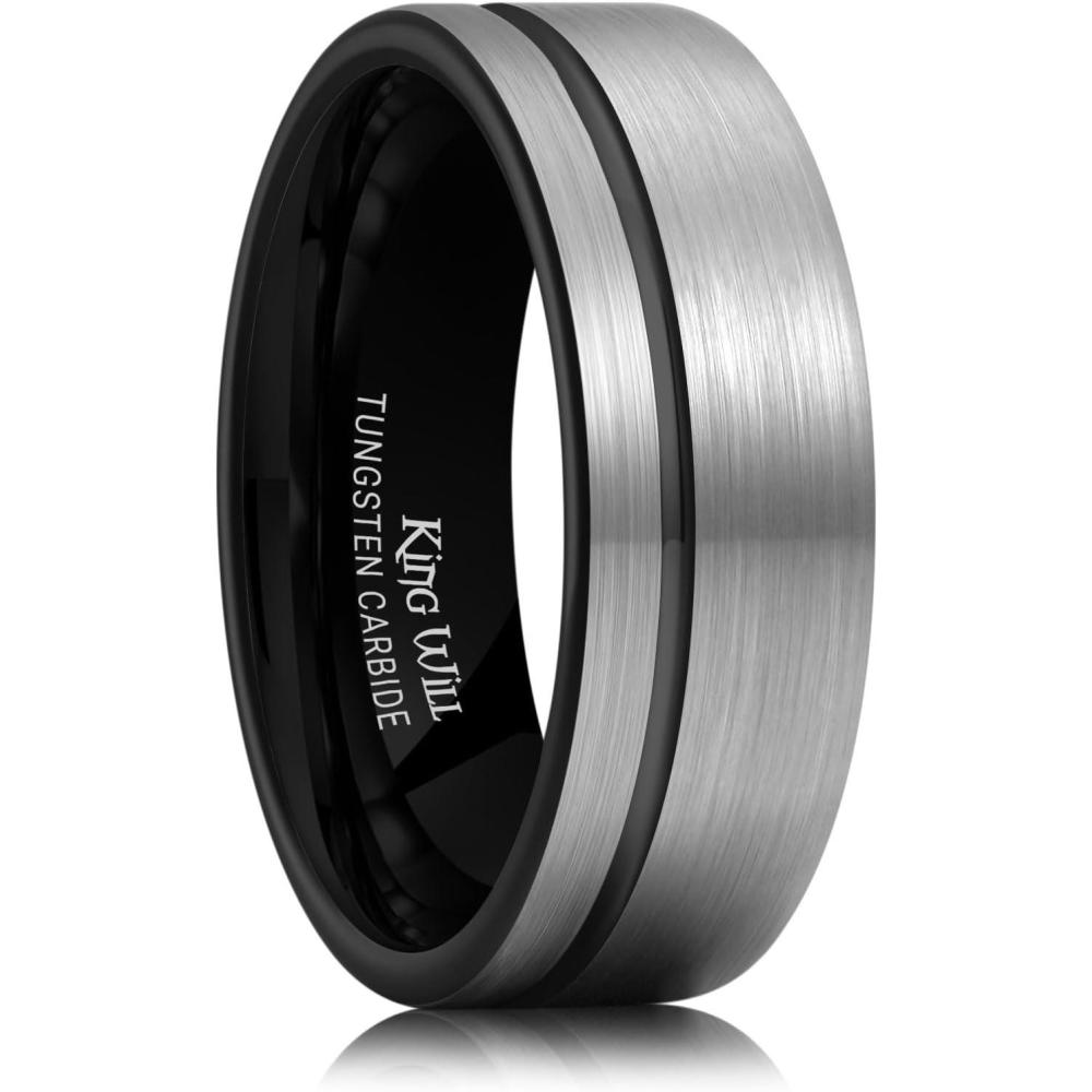 imageKing Will Mens Tungsten Carbide Wedding Band with Groove Design 678mm Width BrushedPolished Finish Mens Rings Comfort FitSilverBlack Inner8mm