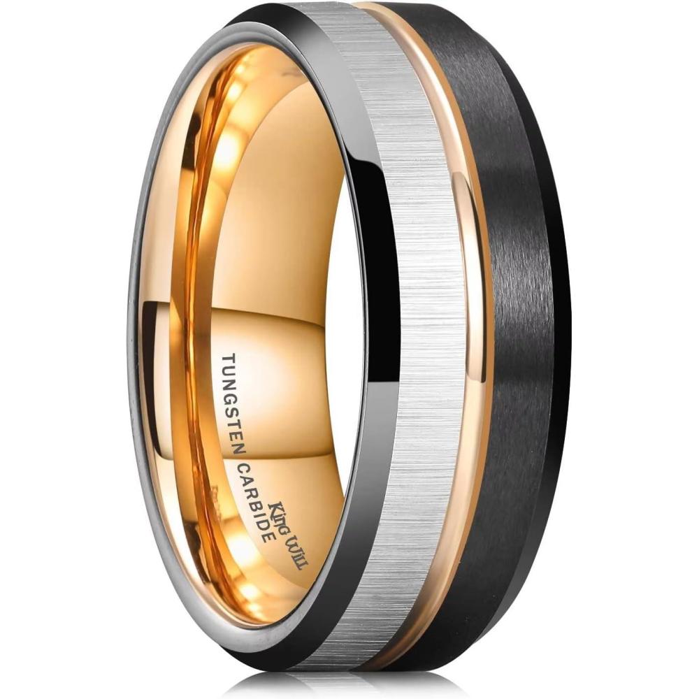 imageKing Will Mens Tungsten Carbide Wedding Band with Groove Design 678mm Width BrushedPolished Finish Mens Rings Comfort FitSilverBlack8mm