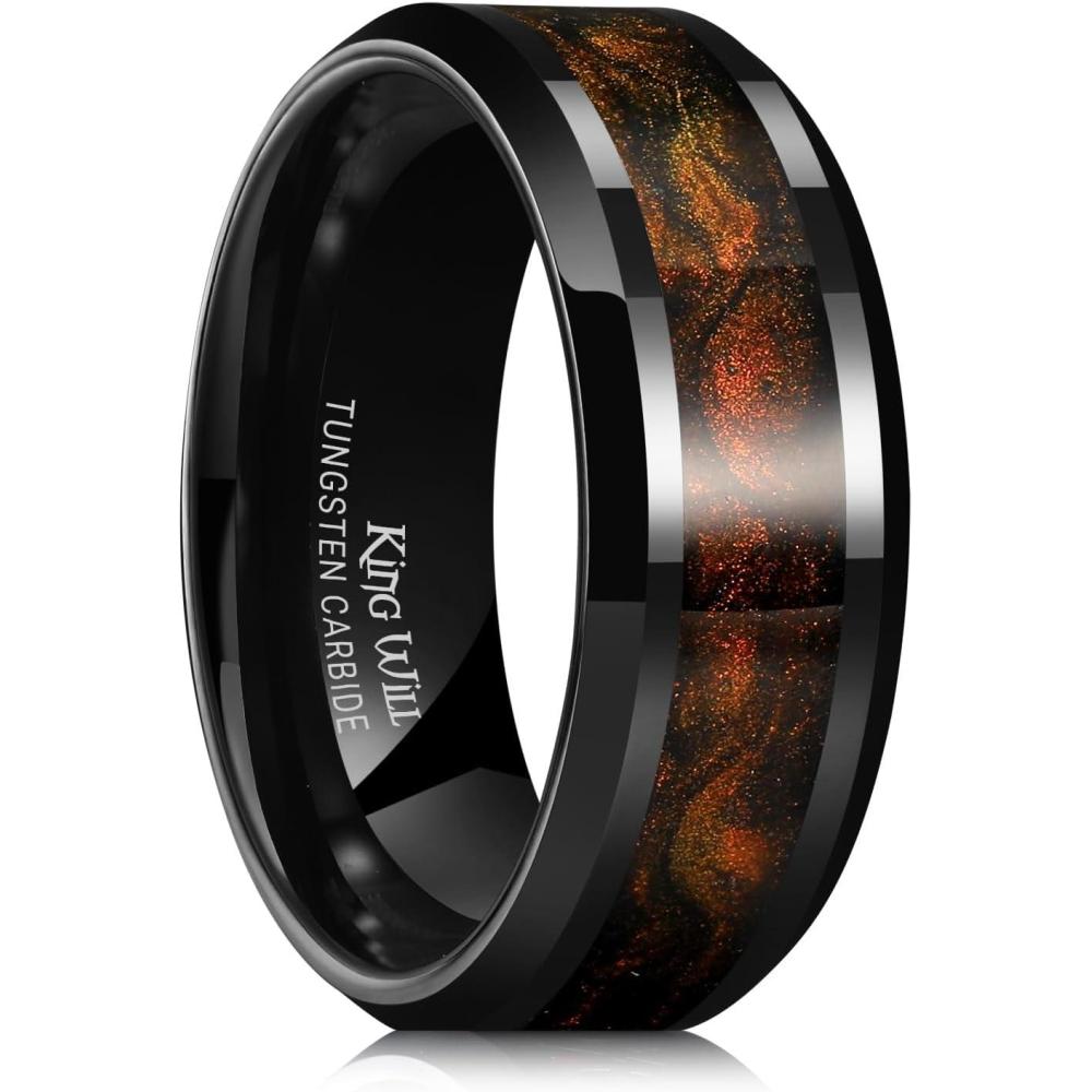imageKing Will Mens Tungsten Wedding Band 6mm8mm Galaxy Style Sandstone Opal Inlay Polished Beveled Edge Unique Rings for Men Women Comfort Fit DurableBlackOrange Sand