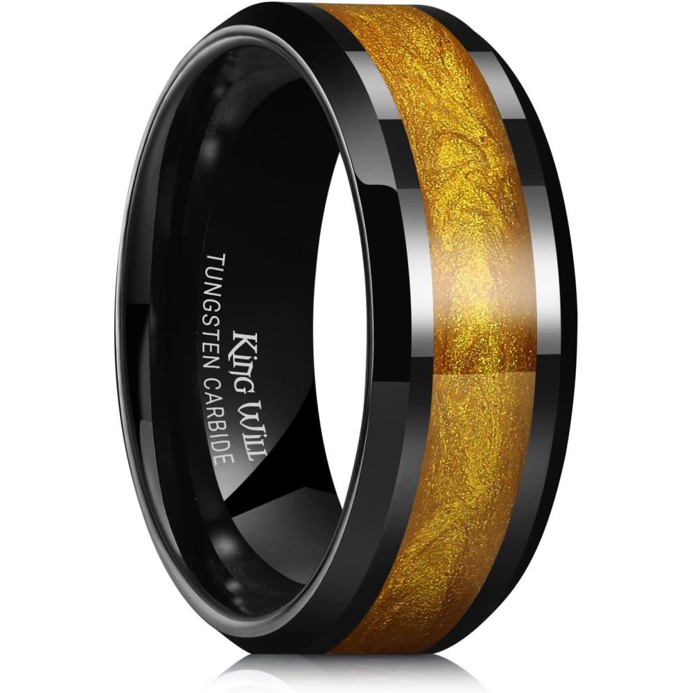 imageKing Will Mens Tungsten Wedding Band 6mm8mm Galaxy Style Sandstone Opal Inlay Polished Beveled Edge Unique Rings for Men Women Comfort Fit DurableBlackGold