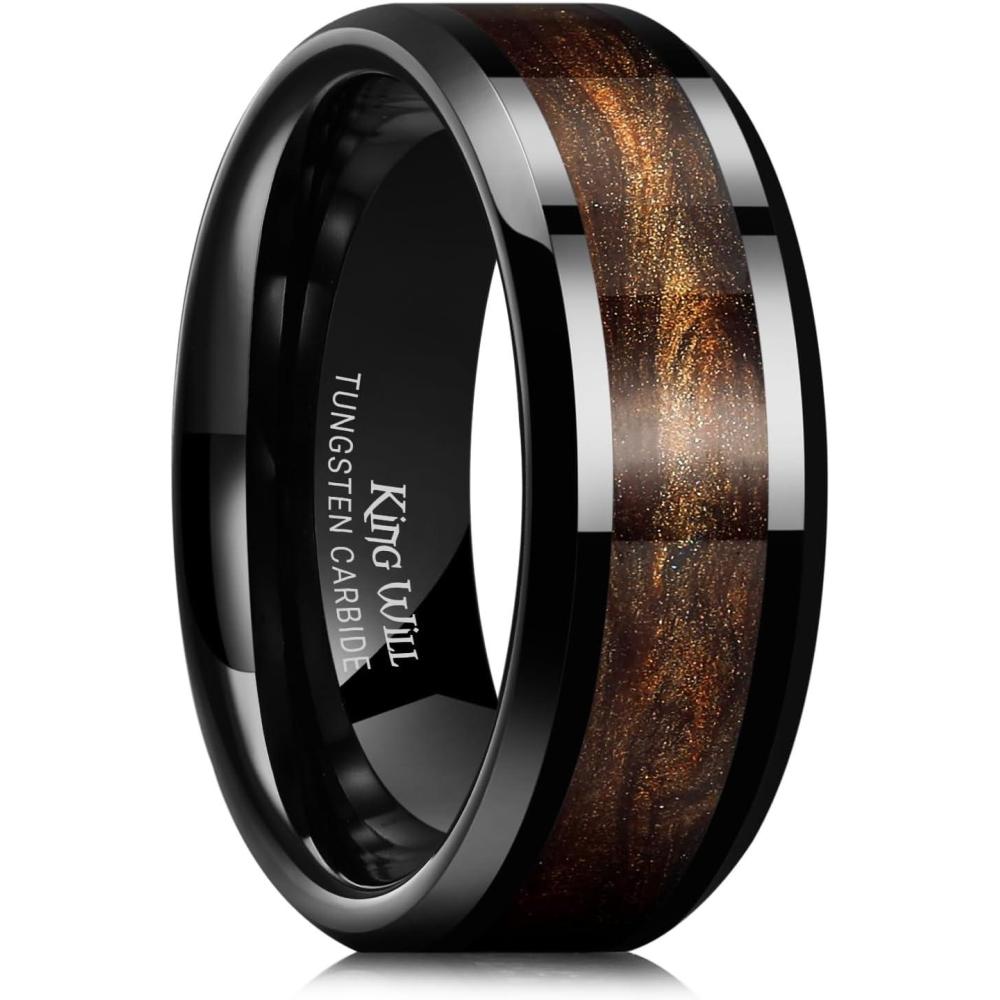 imageKing Will Mens Tungsten Wedding Band 6mm8mm Galaxy Style Sandstone Opal Inlay Polished Beveled Edge Unique Rings for Men Women Comfort Fit DurableBlackCoffee