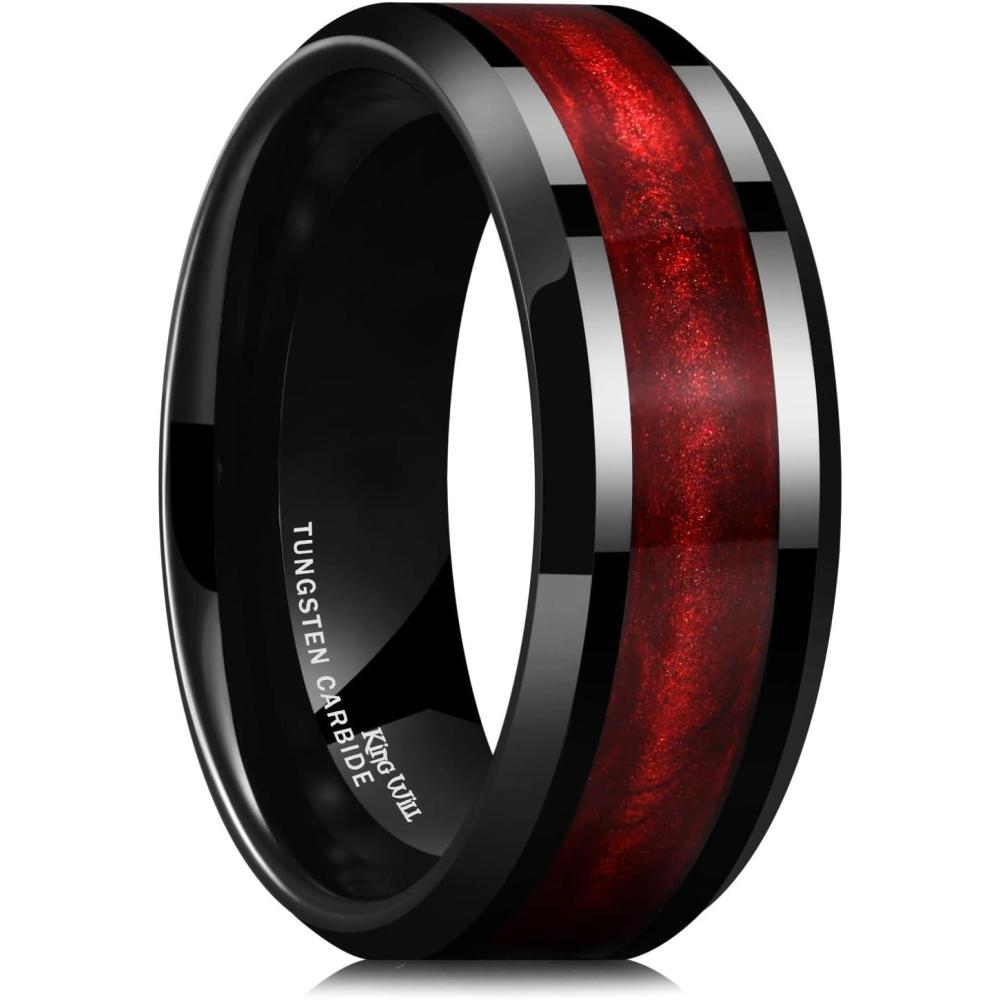 imageKing Will Mens Tungsten Wedding Band 6mm8mm Galaxy Style Sandstone Opal Inlay Polished Beveled Edge Unique Rings for Men Women Comfort Fit DurableBlackRed