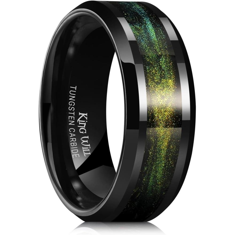 imageKing Will Mens Tungsten Wedding Band 6mm8mm Galaxy Style Sandstone Opal Inlay Polished Beveled Edge Unique Rings for Men Women Comfort Fit DurableBlackYellowGreen