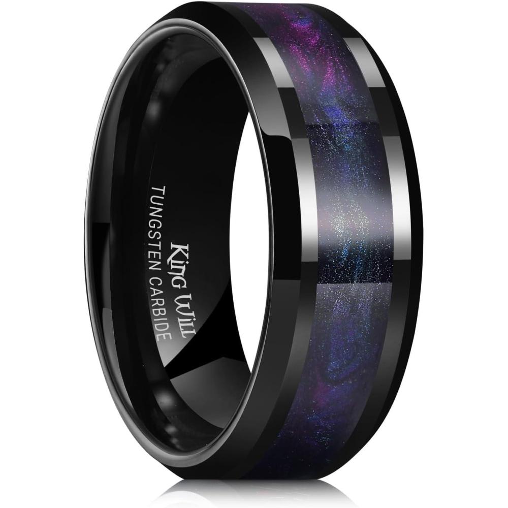 imageKing Will Mens Tungsten Wedding Band 6mm8mm Galaxy Style Sandstone Opal Inlay Polished Beveled Edge Unique Rings for Men Women Comfort Fit DurableBlackPurpleBlue