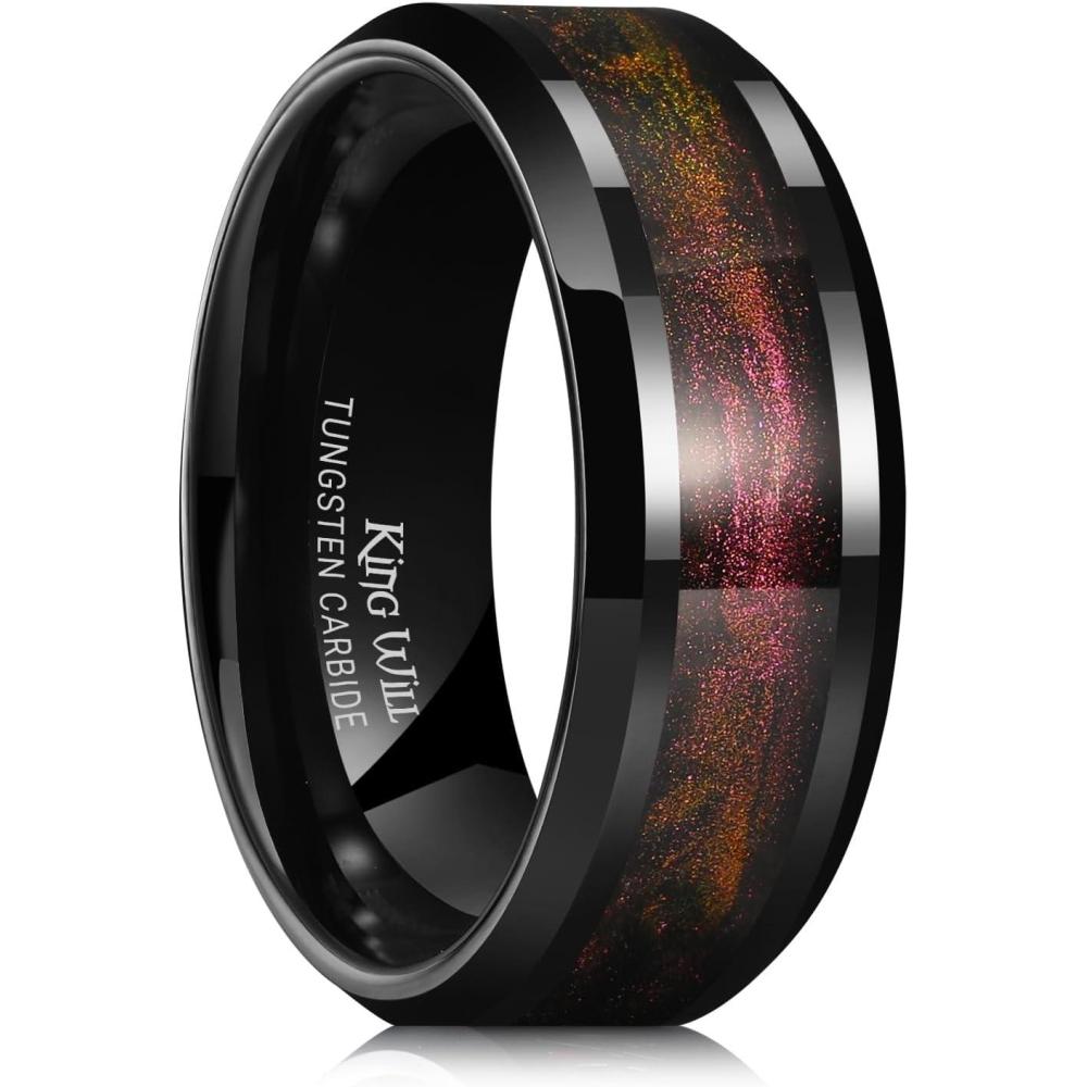 imageKing Will Mens Tungsten Wedding Band 6mm8mm Galaxy Style Sandstone Opal Inlay Polished Beveled Edge Unique Rings for Men Women Comfort Fit DurableBlackRedYellow