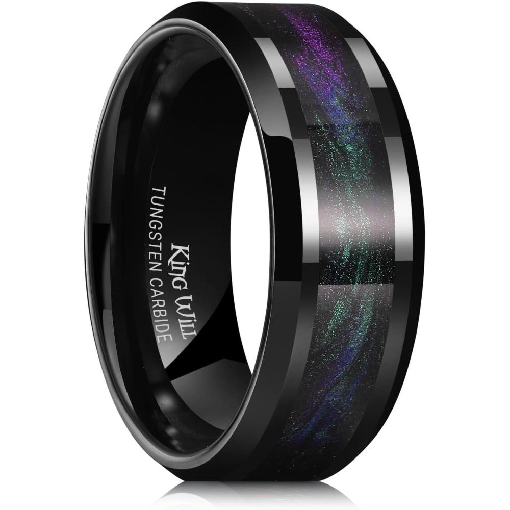 imageKing Will Mens Tungsten Wedding Band 6mm8mm Galaxy Style Sandstone Opal Inlay Polished Beveled Edge Unique Rings for Men Women Comfort Fit DurableBlackPurpleGreen