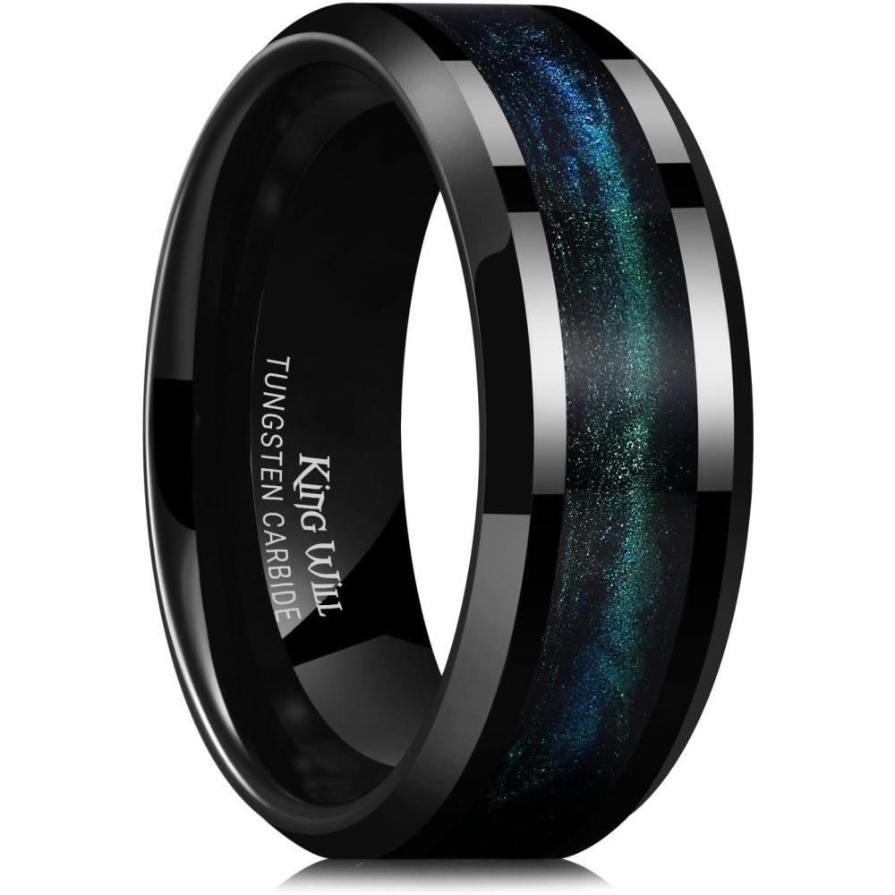 imageKing Will Mens Tungsten Wedding Band 6mm8mm Galaxy Style Sandstone Opal Inlay Polished Beveled Edge Unique Rings for Men Women Comfort Fit DurableBlue Green8mm