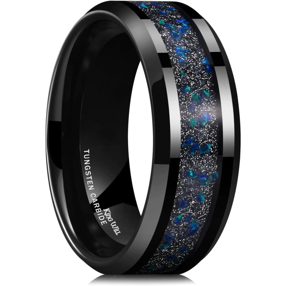 imageKing Will Mens Tungsten Wedding Band 6mm8mm Galaxy Style Sandstone Opal Inlay Polished Beveled Edge Unique Rings for Men Women Comfort Fit DurableBlue Opal