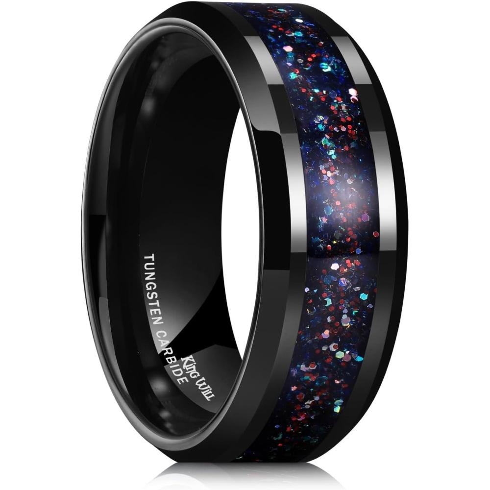 imageKing Will Mens Tungsten Wedding Band 6mm8mm Galaxy Style Sandstone Opal Inlay Polished Beveled Edge Unique Rings for Men Women Comfort Fit DurableColorful