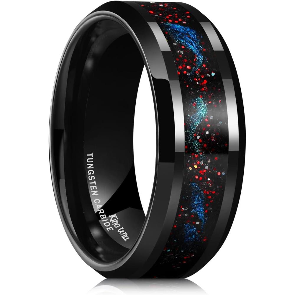imageKing Will Mens Tungsten Wedding Band 6mm8mm Galaxy Style Sandstone Opal Inlay Polished Beveled Edge Unique Rings for Men Women Comfort Fit DurableGlitterBlueGreen