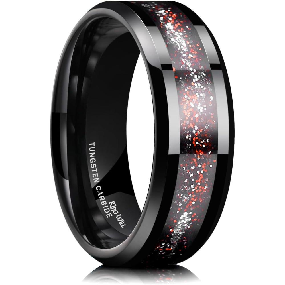 imageKing Will Mens Tungsten Wedding Band 6mm8mm Galaxy Style Sandstone Opal Inlay Polished Beveled Edge Unique Rings for Men Women Comfort Fit DurableRedSilver Sparkles