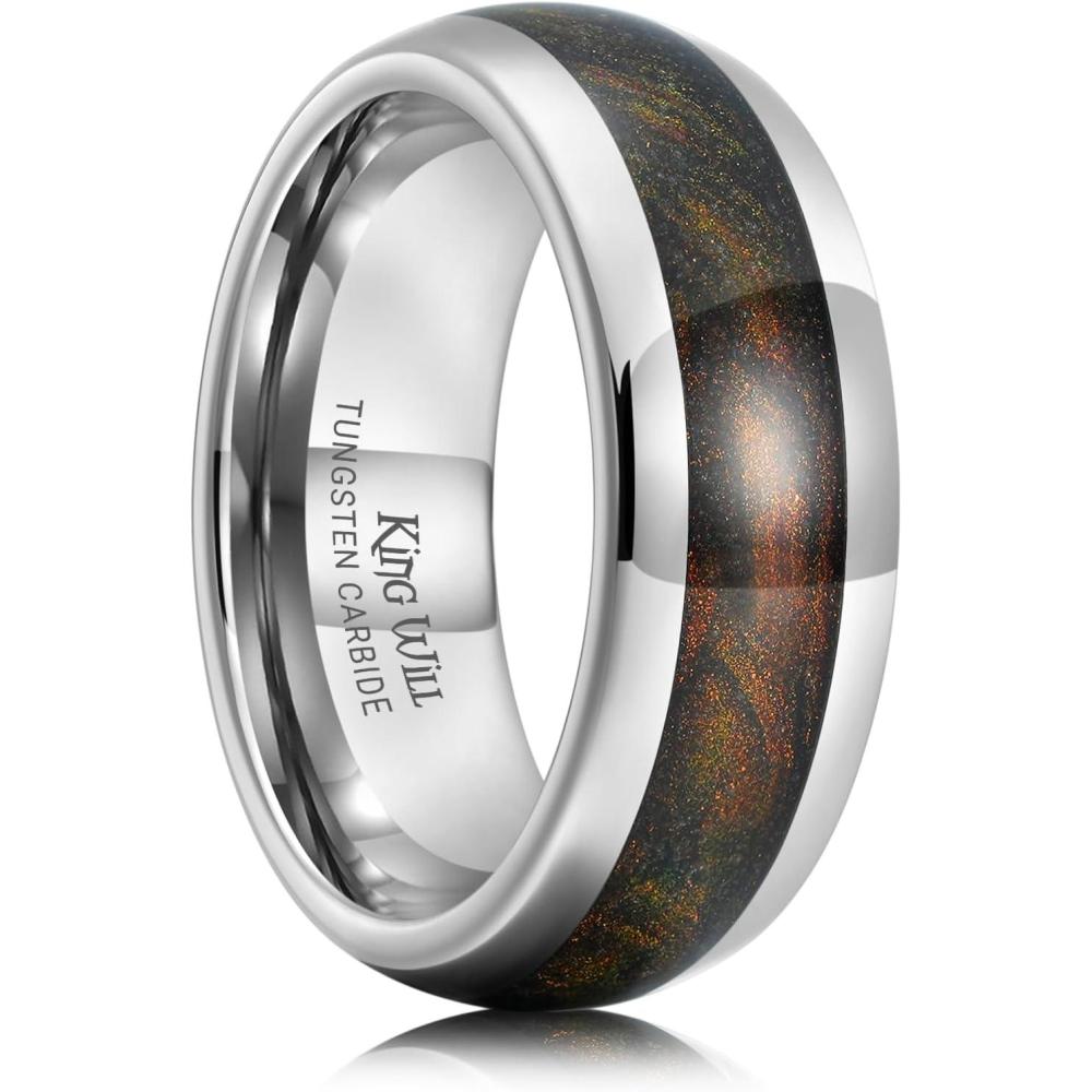 imageKing Will Tungsten Carbide Rings For Men 8mm Wedding Band Inlay Flow sandGreen Grass Agate Dome High Polished Suitable For Daily Wear Comfort Fit Size 714GunmetalFlame Orange