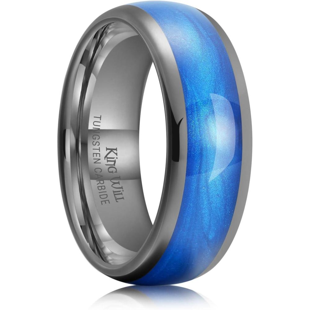imageKing Will Tungsten Carbide Rings For Men 8mm Wedding Band Inlay Flow sandGreen Grass Agate Dome High Polished Suitable For Daily Wear Comfort Fit Size 714Gunmetal GrayBlue