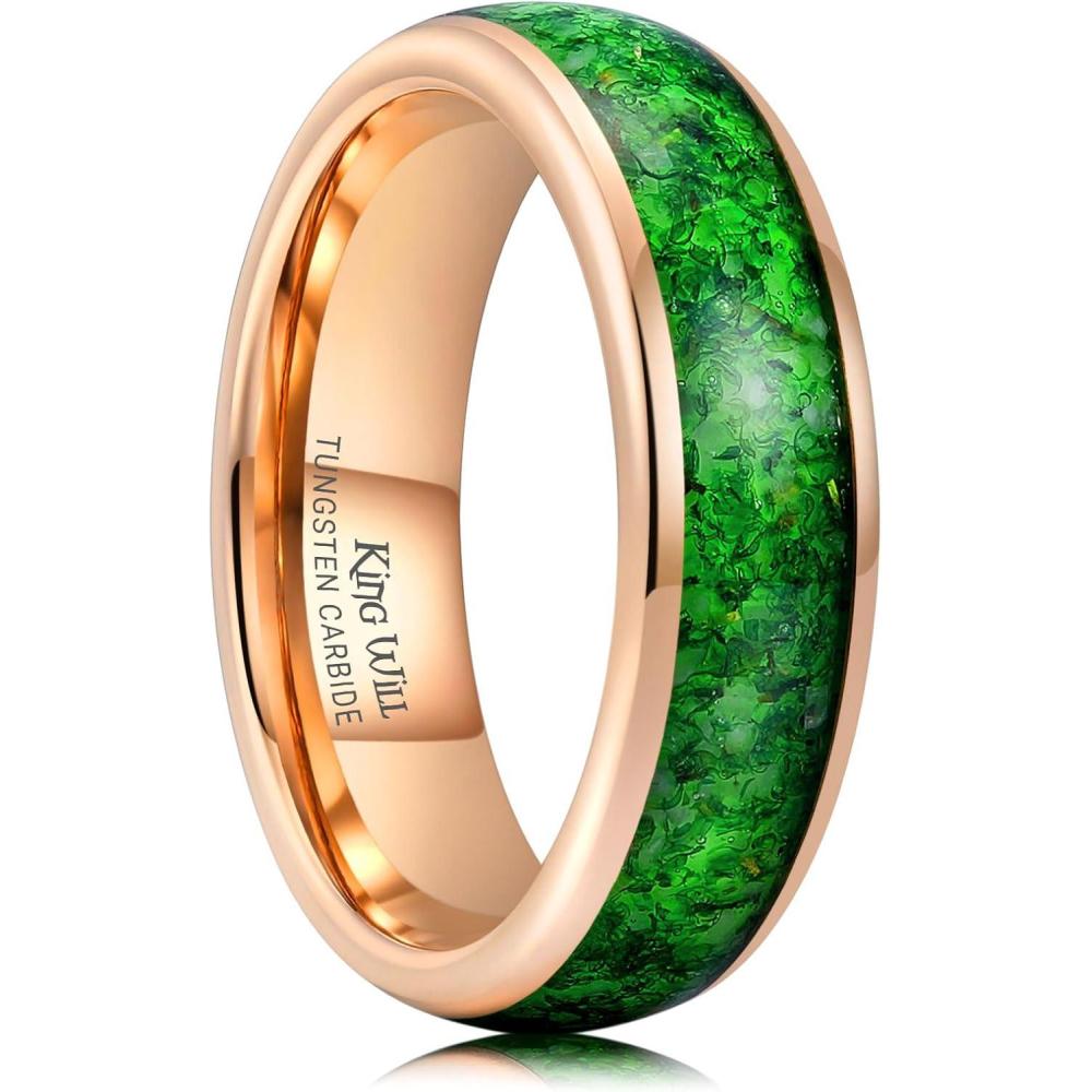 imageKing Will Tungsten Carbide Rings For Men 8mm Wedding Band Inlay Flow sandGreen Grass Agate Dome High Polished Suitable For Daily Wear Comfort Fit Size 714Green Grass AgateRose Gold 6mm