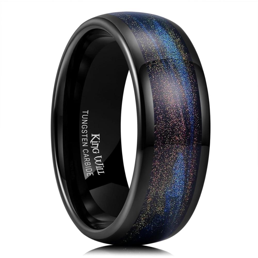 imageKing Will Tungsten Carbide Rings For Men 8mm Wedding Band Inlay Flow sandGreen Grass Agate Dome High Polished Suitable For Daily Wear Comfort Fit Size 714Black Purple Blue