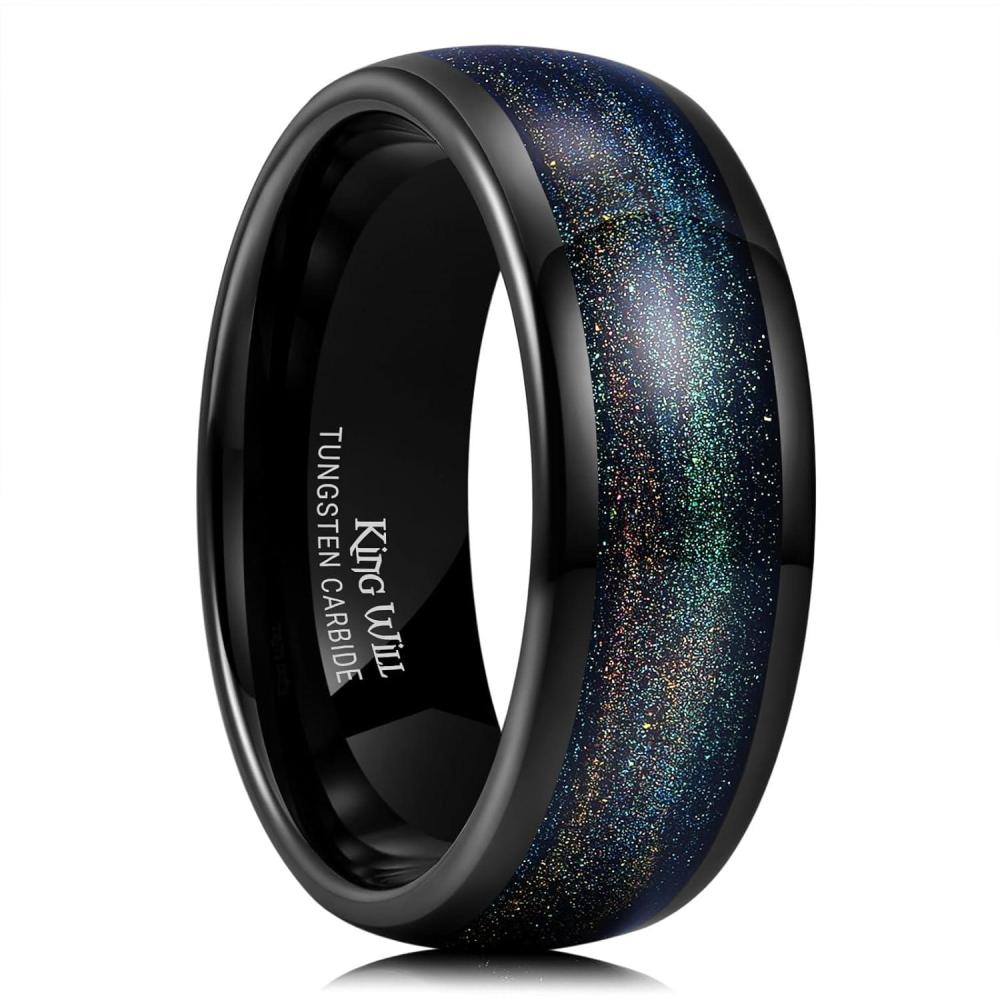 imageKing Will Tungsten Carbide Rings For Men 8mm Wedding Band Inlay Flow sandGreen Grass Agate Dome High Polished Suitable For Daily Wear Comfort Fit Size 714Black Yellow Purple Green Blue