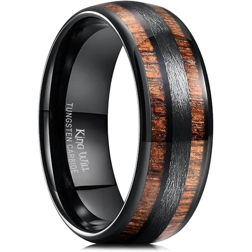 imageKing Will Tungsten Carbide Wedding Band for Men Women8mm Width BlackGoldSliver with Nature KoaMaple Wood Inlay Domed Design Wodden Wedding Ring Comfort Fit Size 614Brown Koa Wood