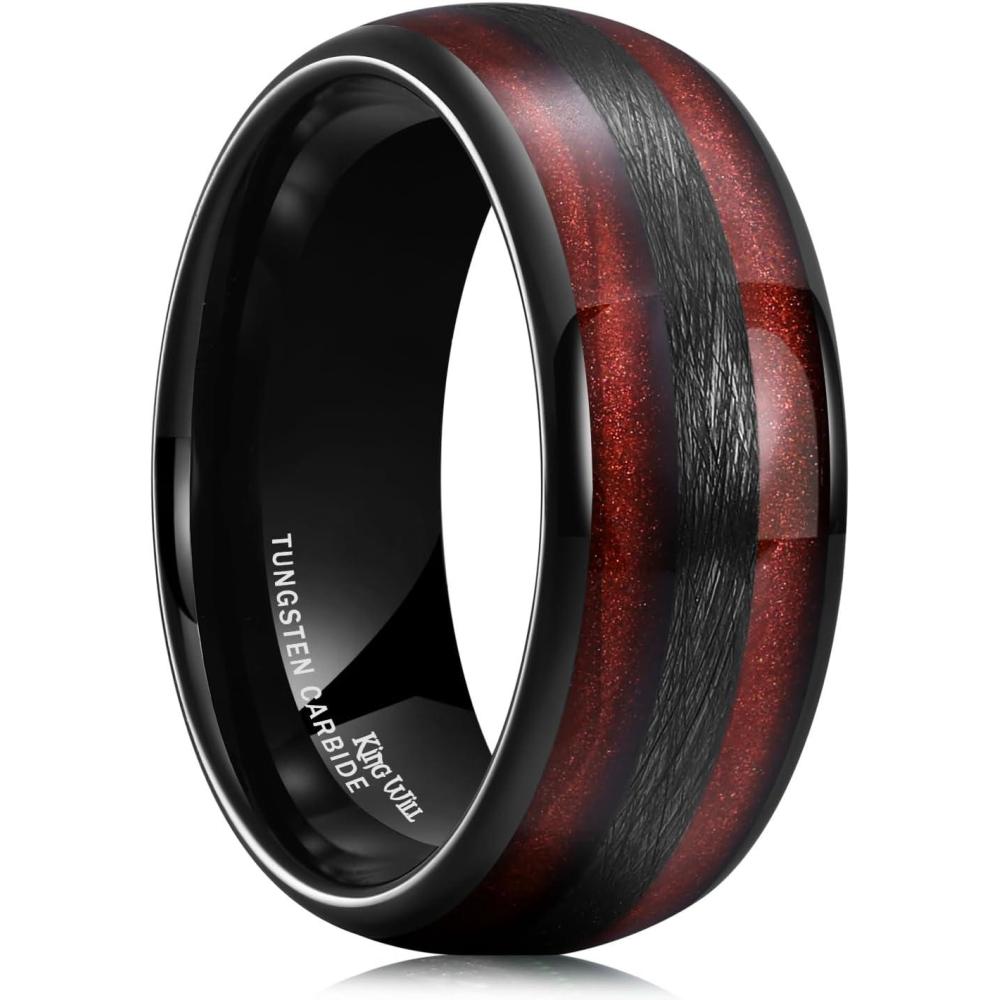 imageKing Will Tungsten Carbide Wedding Band for Men Women8mm Width BlackGoldSliver with Nature KoaMaple Wood Inlay Domed Design Wodden Wedding Ring Comfort Fit Size 614Red Wood