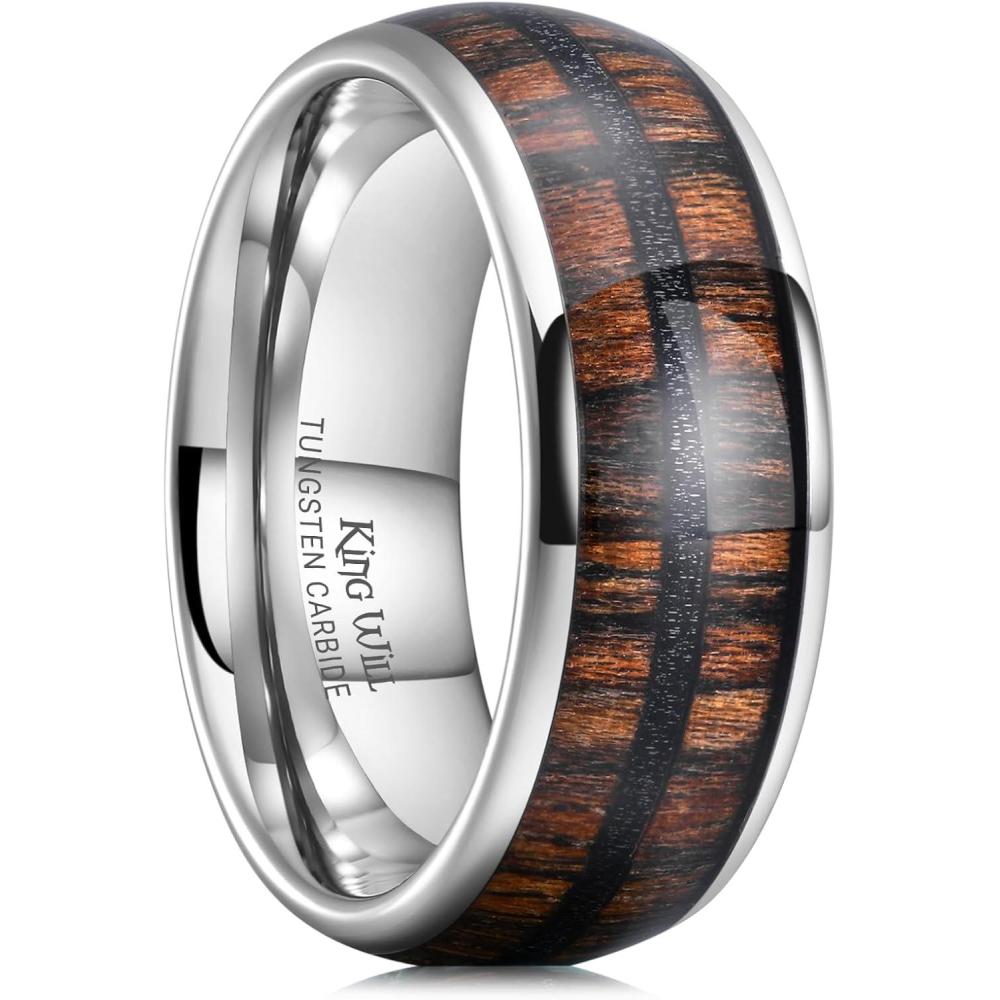 imageKing Will Tungsten Carbide Wedding Band for Men Women8mm Width BlackGoldSliver with Nature KoaMaple Wood Inlay Domed Design Wodden Wedding Ring Comfort Fit Size 614Brown Silver