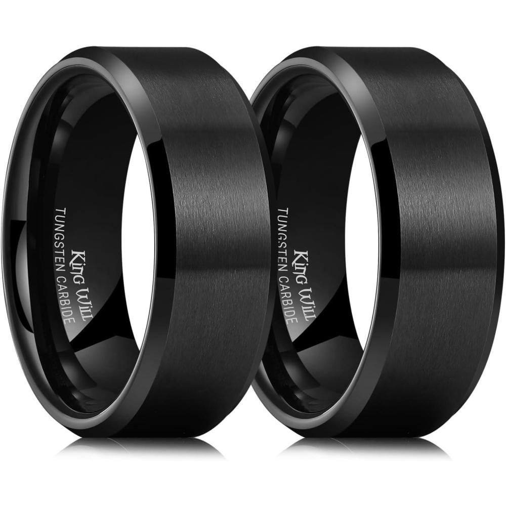 imageKing Will Tungsten Mens Wedding Ring Available in 6mm to 10mm BlackSilver Matte Finish Beveled Polished Edge Comfort Fit8mm Black2