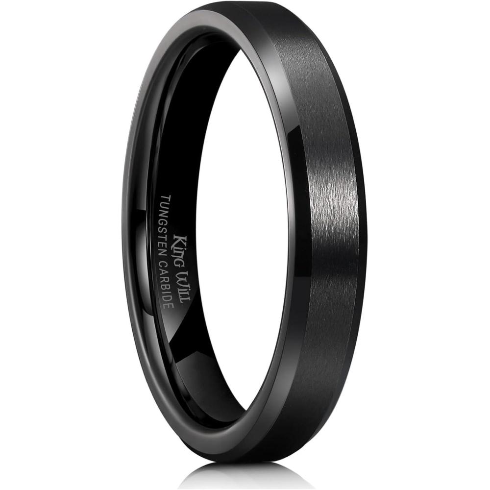 imageKing Will Tungsten Mens Wedding Ring Available in 6mm to 10mm BlackSilver Matte Finish Beveled Polished Edge Comfort FitBlack4mm