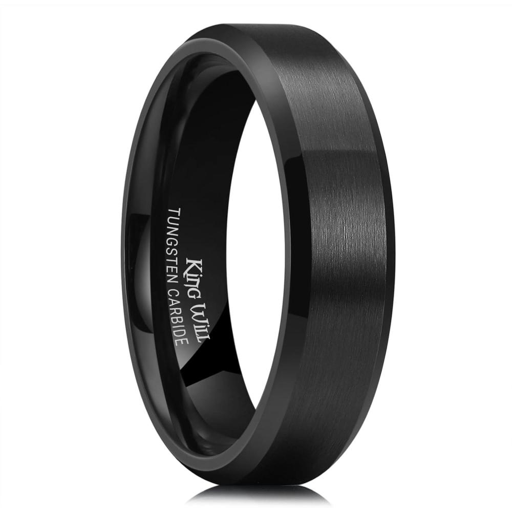 imageKing Will Tungsten Mens Wedding Ring Available in 6mm to 10mm BlackSilver Matte Finish Beveled Polished Edge Comfort FitBlack6mmNew