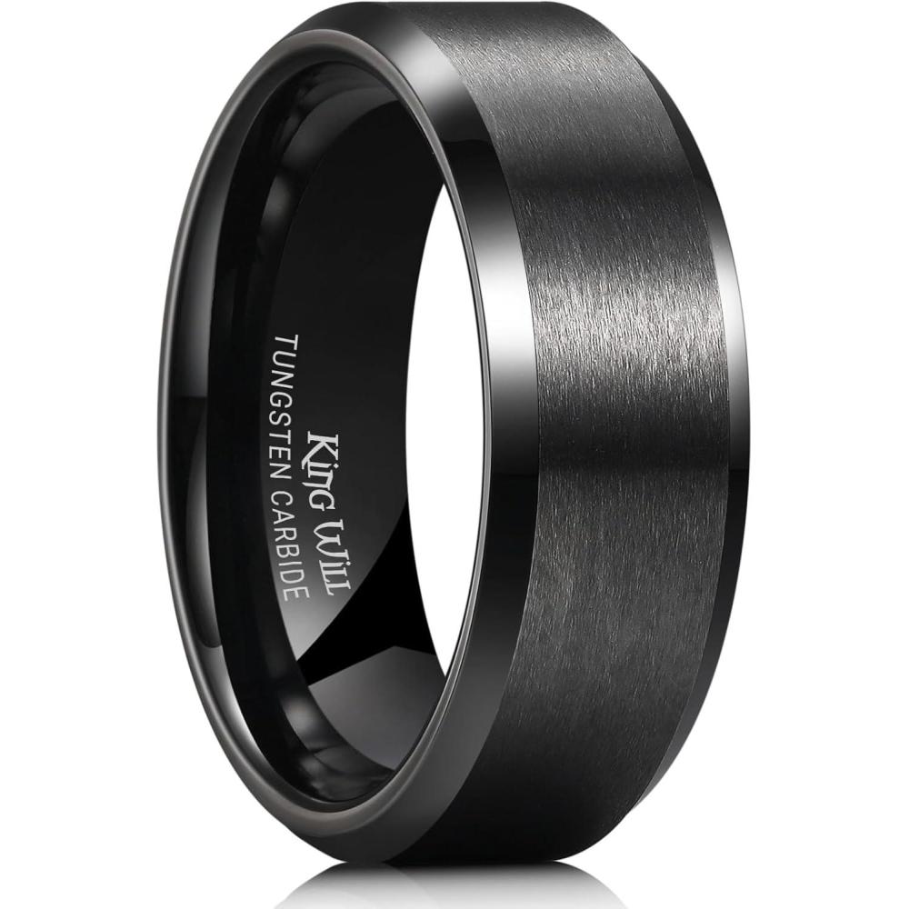 imageKing Will Tungsten Mens Wedding Ring Available in 6mm to 10mm BlackSilver Matte Finish Beveled Polished Edge Comfort FitBlack8mm