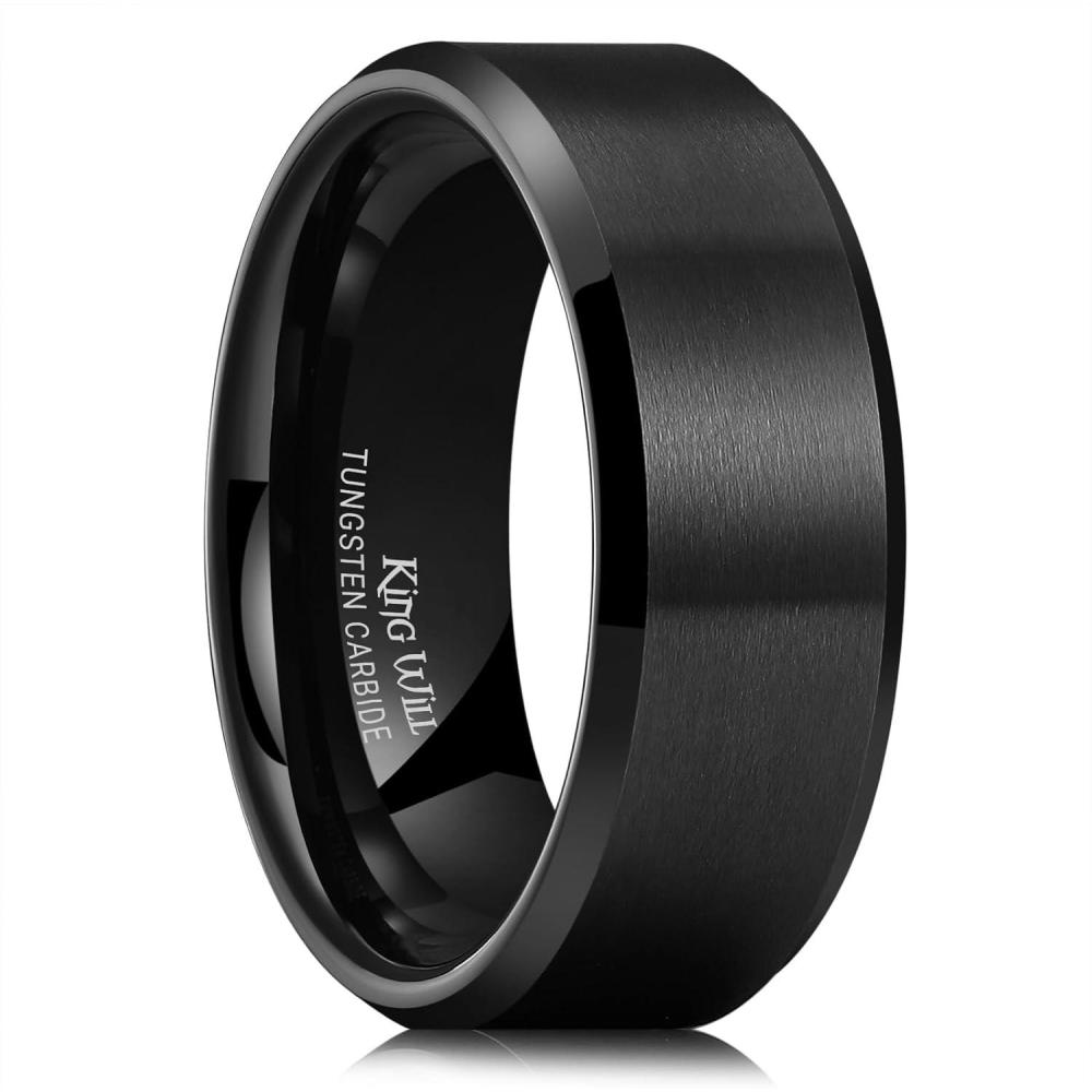 imageKing Will Tungsten Mens Wedding Ring Available in 6mm to 10mm BlackSilver Matte Finish Beveled Polished Edge Comfort FitBlack8mmNew