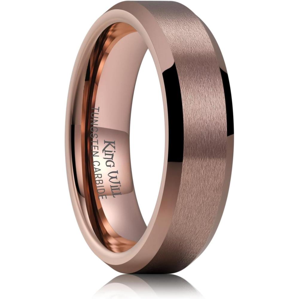 imageKing Will Tungsten Mens Wedding Ring Available in 6mm to 10mm BlackSilver Matte Finish Beveled Polished Edge Comfort FitBrown6mm