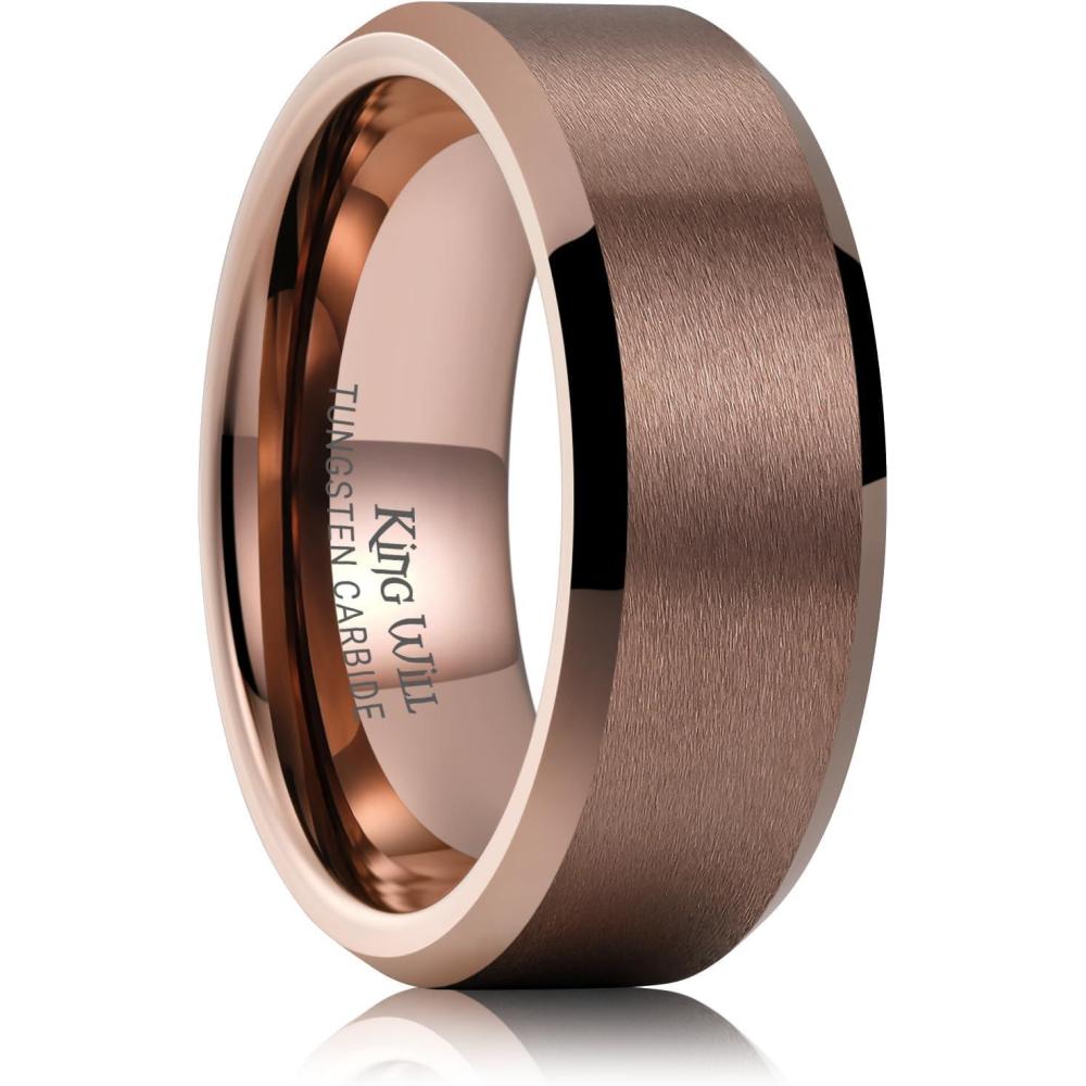 imageKing Will Tungsten Mens Wedding Ring Available in 6mm to 10mm BlackSilver Matte Finish Beveled Polished Edge Comfort FitBrown8mm