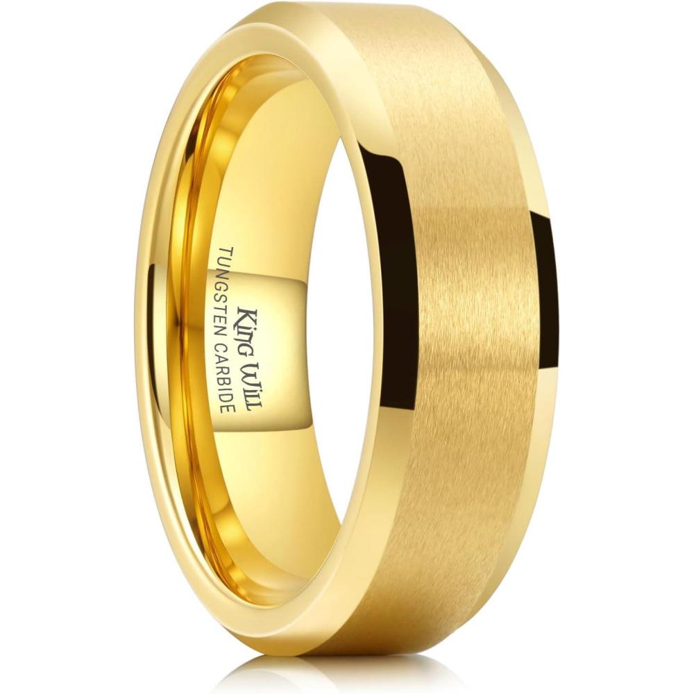 imageKing Will Tungsten Mens Wedding Ring Available in 6mm to 10mm BlackSilver Matte Finish Beveled Polished Edge Comfort FitGold7mm