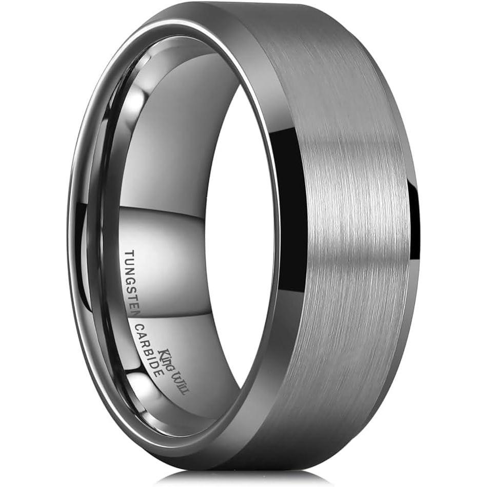 imageKing Will Tungsten Mens Wedding Ring Available in 6mm to 10mm BlackSilver Matte Finish Beveled Polished Edge Comfort FitGunmetal Gray 8mm