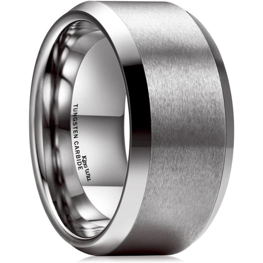 imageKing Will Tungsten Mens Wedding Ring Available in 6mm to 10mm BlackSilver Matte Finish Beveled Polished Edge Comfort FitSilver10mm