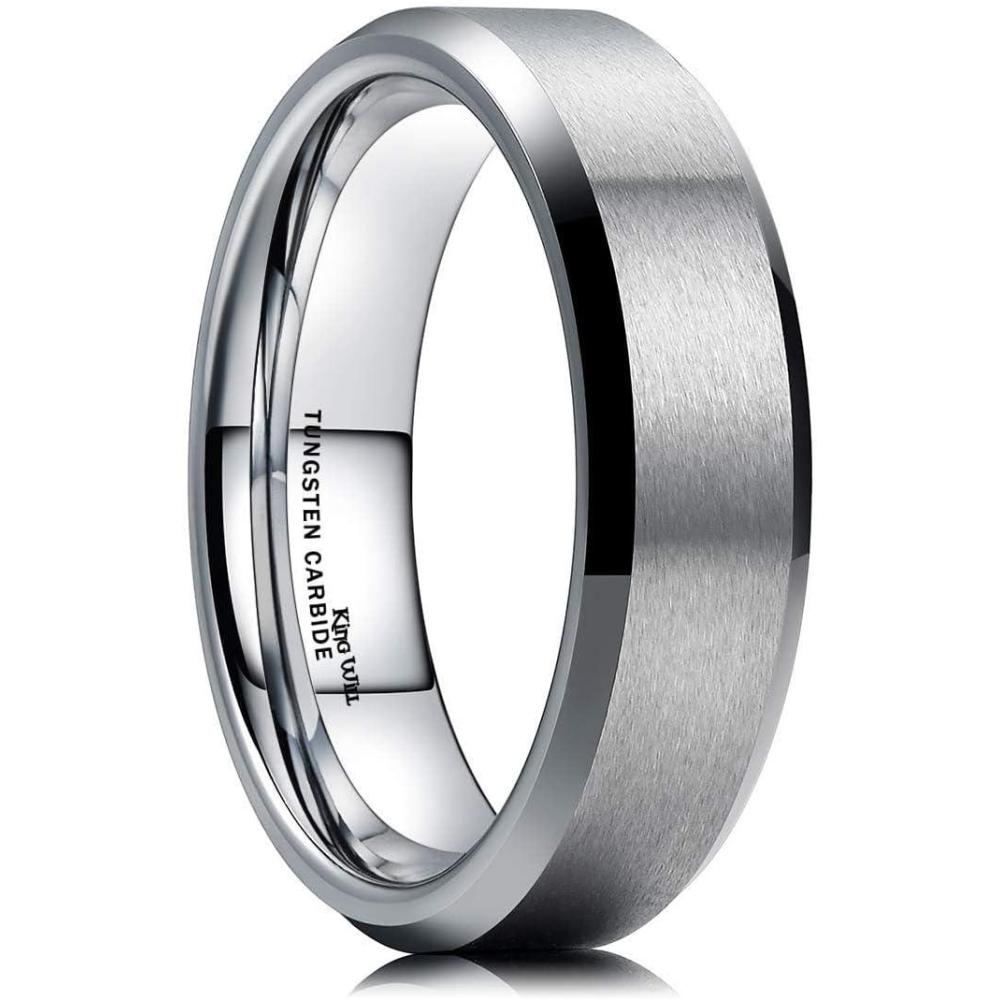 imageKing Will Tungsten Mens Wedding Ring Available in 6mm to 10mm BlackSilver Matte Finish Beveled Polished Edge Comfort FitSilver6mm