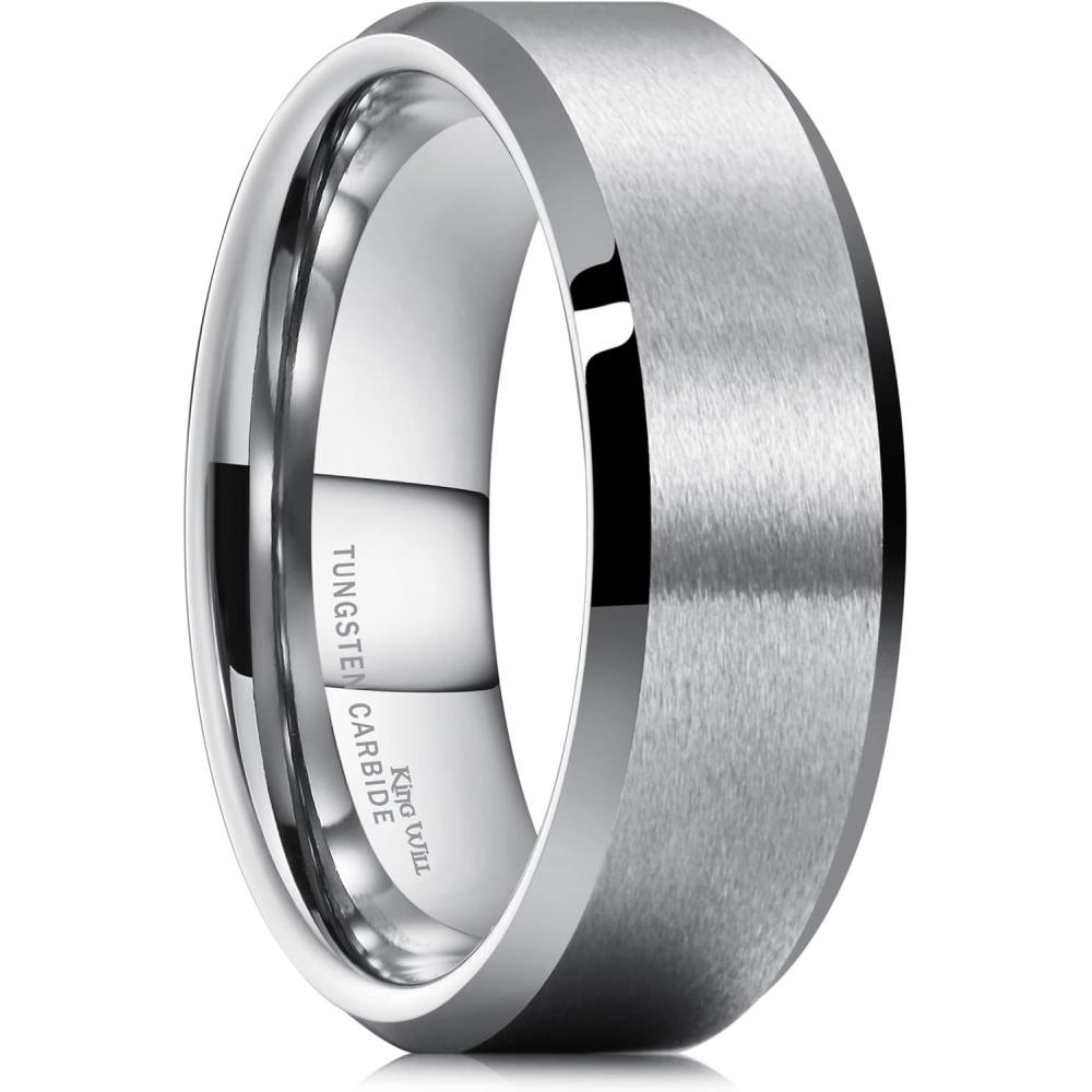 imageKing Will Tungsten Mens Wedding Ring Available in 6mm to 10mm BlackSilver Matte Finish Beveled Polished Edge Comfort FitSilver7mm